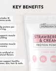 White pouch of "Strawberries & Cream Protein Powder" with key benefits listed in black text on a light background.