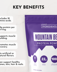 Purple packaging of Mountain Berry Protein Powder with key benefits listed, including protein content and amino acids.