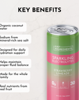 Can of Strawberry Limeade Sparkling Electrolytes with key benefits listed beside it on a light background.