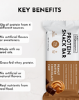 Protein snack bar packaging featuring peanut butter and chocolate chip flavors with key benefits listed.