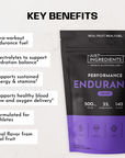 Black and purple pouch of grape-flavored endurance drink powder with key benefits listed on left side.