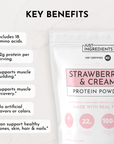 White pouch of Strawberries & Cream Protein Powder with pink label and NSF Certified badge displayed with key benefits list.