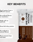 Chocolate chocolate chip protein snack bar packaging with key benefits listed, including protein content and ingredient detai