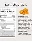 Nutrition facts label for Orange Fizz Energy drink, detailing ingredients and calorie content.