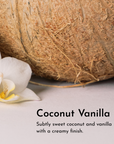 Coconut and vanilla with a creamy finish, accompanied by a white flower and a textured coconut shell.