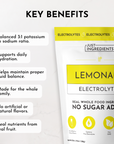 Lemonade Electrolytes package featuring key benefits and nutritional information on a light background.