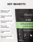 Packaging for Strawberry Limeade Pre-Workout with key benefits listed, including endurance, energy support, and amino acids.