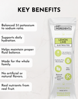 Lemon Lime Electrolytes stick with key benefits listed, including hydration support and balanced potassium to sodium ratio.