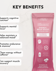 Raspberry Lemonade stick packaging with key benefits listed for cognitive support, endurance, and recovery.