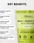Green pouch labeled "Brain + Energy Boost Electrolytes" in Lemon Lime flavor with key benefits listed.