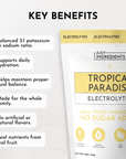 Electrolyte powder package featuring "Tropical Paradise" label with key benefits listed on a light background.