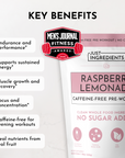 Caffeine-free pre-workout powder in raspberry lemonade flavor, featuring key benefits and nutritional information.