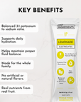Lemonade electrolytes stick featuring key benefits and nutritional information on a light background.