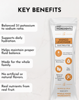Electrolyte stick packet labeled "Mango Lemonade" with key benefits listed on a light background.