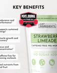 Caffeine-free pre-workout powder in a resealable pouch with strawberry limeade flavor and key benefits listed.