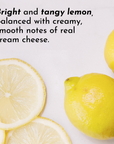 Sliced lemons and whole lemons on a light surface with text describing flavor notes.