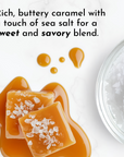 Caramel squares with sea salt on a marble surface, accompanied by a bowl of coarse sea salt.