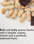 Peanuts and chocolate pieces arranged on a light surface, highlighting a creamy peanut butter theme.