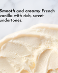 Creamy, smooth texture of French vanilla protein powder on a marble surface.