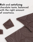 Dark chocolate pieces with leaf patterns, arranged on a light surface, showcasing different sizes and shapes.