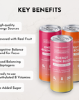 Three cans of energy drinks in various flavors, featuring labels with benefits and nutritional information.