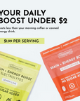 Two pouches of Brain + Energy Boost drink mix in Lemon Lime and Blood Orange flavors, featuring no sugar added.