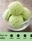 Light green powder scoops in a glass bowl with usage suggestions displayed below.