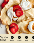Crepes topped with whipped cream and fresh strawberry halves, with usage icons below for blend, shake, bake, and chill.