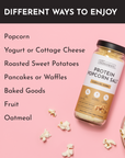 Container of caramel corn protein popcorn salt with suggested uses listed on a pink background.