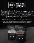 Two protein powder bags labeled "Vanilla Bean" and "Chocolate," both NSF Certified for Sport.