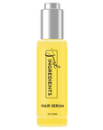 Yellow hair serum in a clear bottle with a silver cap, labeled "just INGREDIENTS HAIR SERUM" and 2oz/60ml.