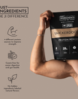 Black protein powder bag labeled "Snickerdoodle Protein Powder" held by a muscular arm, with text highlighting product featur