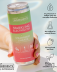 Can of Strawberry Limeade Sparkling Electrolytes held in a hand, featuring a colorful label with product details.