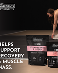 Two protein powder bags on a gym floor, one labeled "Strawberries & Cream" and the other "Guava Mango."