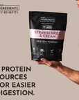 Black protein powder bag labeled "Strawberries & Cream" with 25g protein, held by a person.