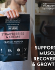 Black protein powder bag labeled "Strawberries & Cream Protein Powder" held by a person, with nutritional details visible.