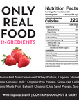 Nutrition facts label for Strawberries and Cream Protein Powder, listing ingredients and nutritional information.