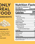 Nutrition facts label for cheddar cheese protein popcorn, detailing calories, ingredients, and nutrient values.