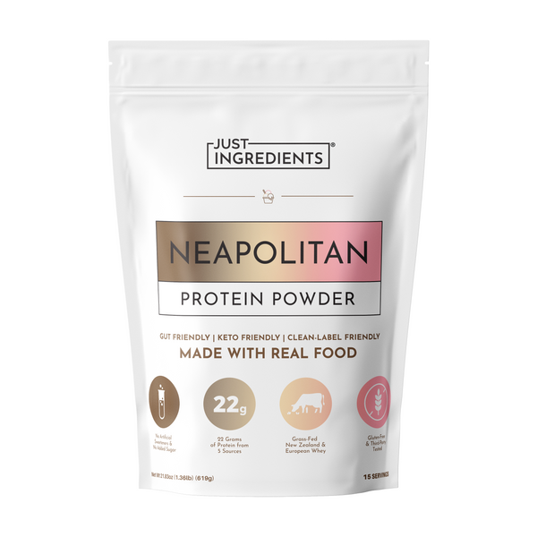 White pouch of Neapolitan protein powder with brown-to-pink gradient label and product icons on a white background.