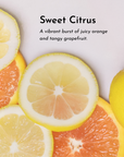 Sliced citrus fruits—orange, lemon, grapefruit—arranged on a light background to represent the scent.