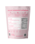 Pink powder pouch with "The Just Ingredients Difference" header, shake and stir instructions, Supplement Facts label, and ing