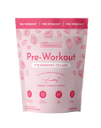 Pink pouch of Strawberry Colada pre-workout powder with strawberry and coconut illustrations, featuring "Just Ingredients" br