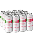 Twelve cans of clear protein drink in strawberry limeade flavor, featuring nutritional information on the labels.