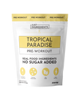White pouch with gold accents labeled "Tropical Paradise Pre-Workout" by Just Ingredients, highlighting real food ingredients
