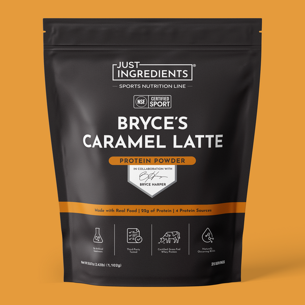 Black pouch of Bryce's Caramel Latte Protein Powder with white and orange label showing product name and nutrition panel.