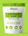 White pouch of Coconut Lime Electrolytes with green accents showing ingredients and serving info.