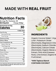 Halved coconut and whole lime with text noting the product's potassium-to-sodium ratio.