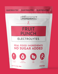 Pouch of Fruit Punch Electrolytes, 30 servings, front-facing pouch showing "no sugar added" and whole-food ingredients.