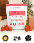 Checklist graphic for Fruit Punch Electrolytes with colorful scoops and key benefits listed.