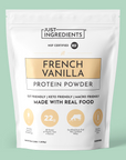 White pouch of French vanilla protein powder with nutrition panel and branding.